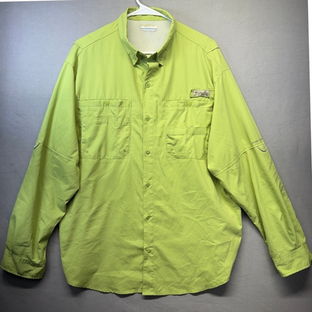 Columbia PFG Fishing Shirt Mens LRG Green Long Sleeve Omni-Shade Ripstop Vented - Picture 1 of 16
